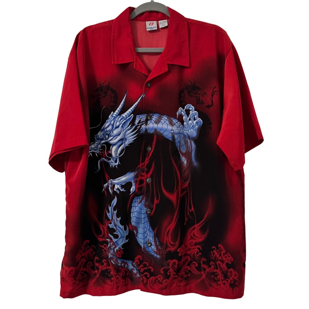 VTG Y2K Anchor Blue Red Dragon Flames Button Up Top Mens L Cyber Rave Grunge